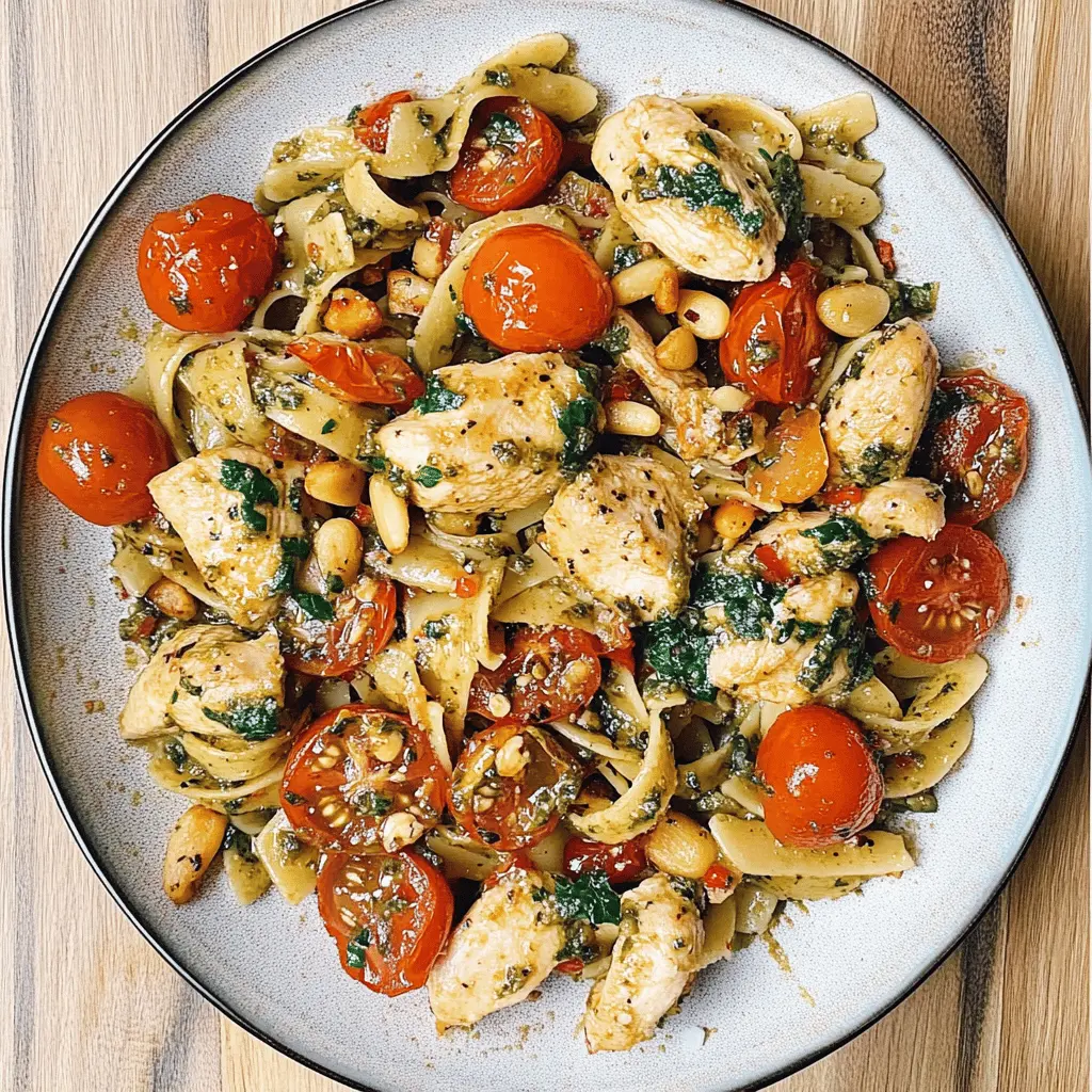 Get ready for a delightful meal with this Chicken Pesto Pasta featuring juicy tomatoes and crunchy pine nuts! This simple yet flavorful dish combines tender chicken, vibrant pesto, and the freshness of juicy tomatoes for a perfect weeknight dinner. Save this recipe for your next family gathering or cozy night in! Perfect for pasta lovers!