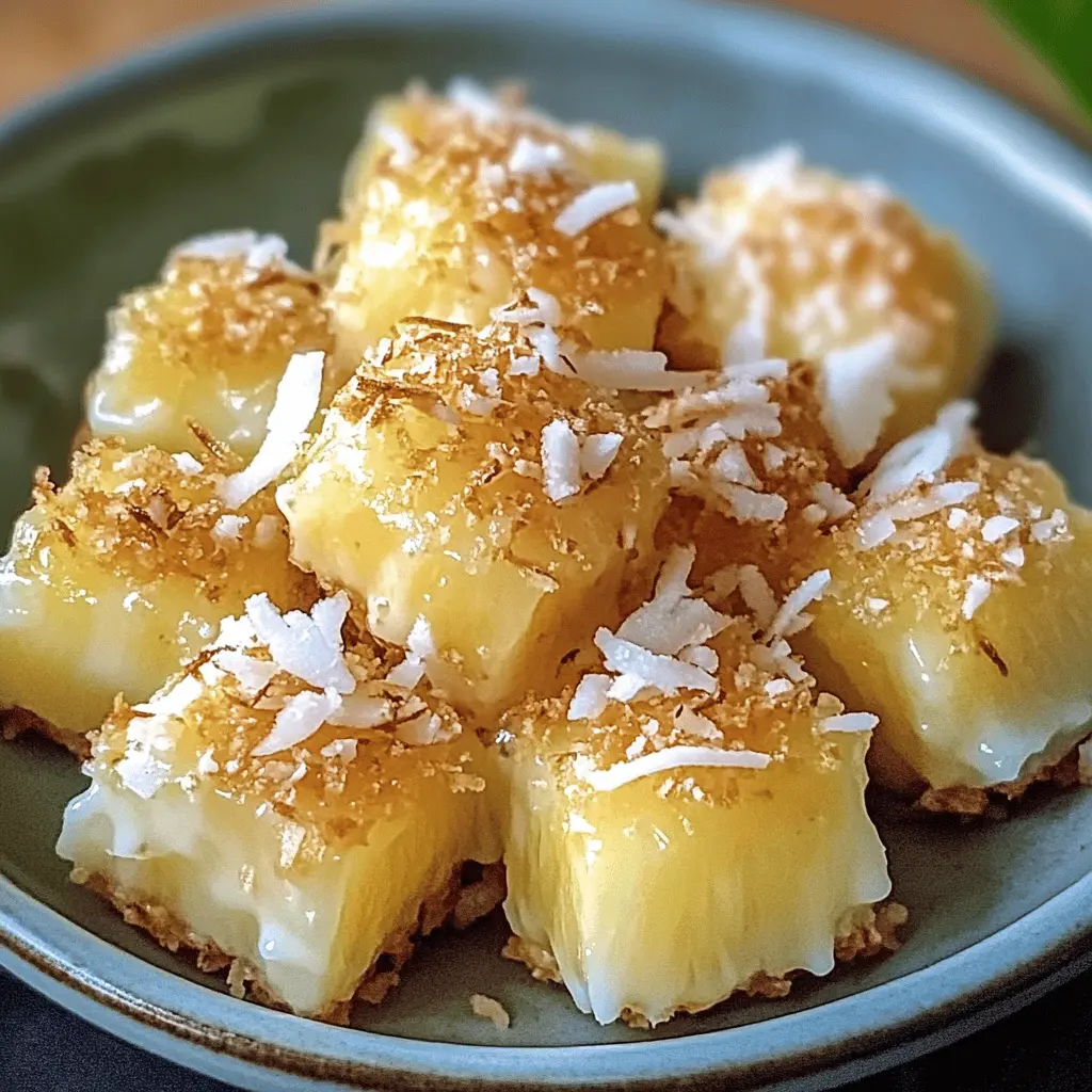 Treat yourself to a tropical delight with these Coconut Pineapple Bites! These bite-sized snacks combine creamy coconut and juicy pineapple, making them perfect for parties or a sunny afternoon. Each bite brings a burst of flavor that will transport you to a beach paradise. Save this pin for an easy and refreshing treat to impress your friends and family!