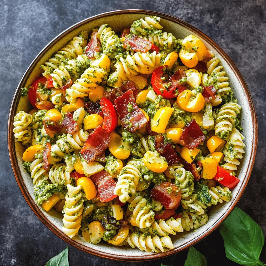 Looking for a refreshing side dish? This Corn Pasta Salad with Bacon, Bell Pepper, and Creamy Pesto Dressing is packed with vibrant flavors and textures! It's the perfect combination of sweet corn, crunchy bell peppers, and crispy bacon, all tossed in a rich, creamy pesto dressing. Save this recipe for your next picnic, barbecue, or potluck and impress everyone at the table!
