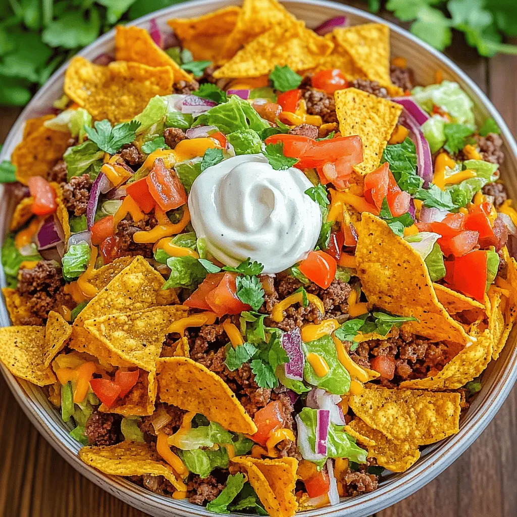This Doritos Taco Salad is a fun and colorful twist on the traditional taco salad! With crunchy Doritos, flavorful ground beef, fresh veggies, and a creamy dressing, every bite is packed with excitement. Perfect for gatherings, game nights, or a quick weeknight dinner. Save this recipe to enjoy a tasty and easy meal any time!