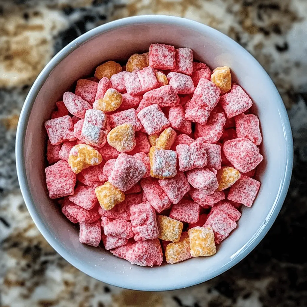 Treat yourself to an irresistible batch of Fluffy Strawberry Shortcake Puppy Chow! This delightful mix features the sweet flavor of strawberries paired with a creamy coating, perfect for a fun snack or dessert. Ideal for parties, movie nights, or just a tasty pick-me-up, be sure to save this recipe for a yummy treat anytime!