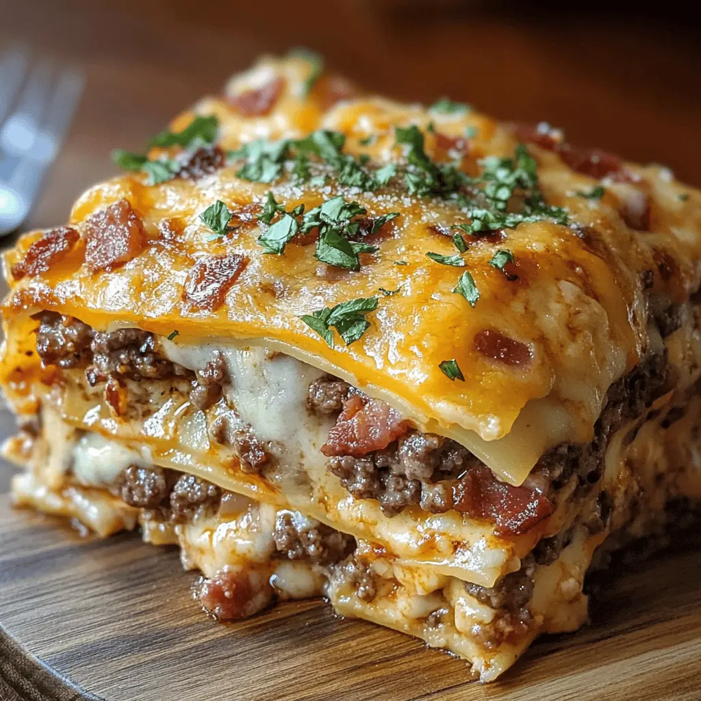 This Parmesan Garlic Bacon Cheeseburger Lasagna is a delicious twist on classic comfort food! Layered with rich beef, crispy bacon, and cheesy goodness, it's perfect for family dinners or game day. If you're looking for a dish that brings everyone to the table, this is it! Don't forget to save this recipe for your next gathering.