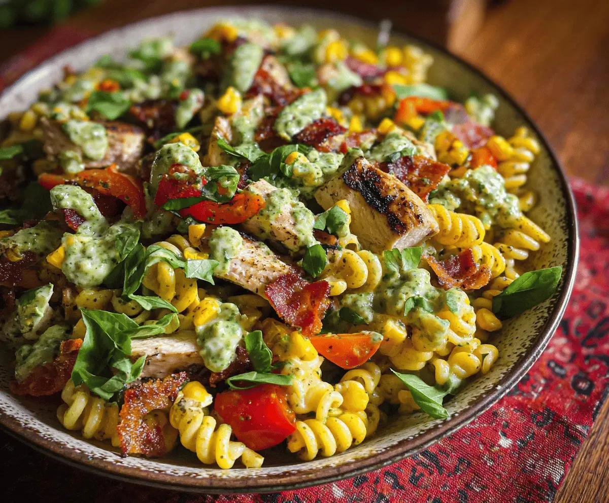 Easy Chicken Corn Pasta Salad with Bacon & Creamy Pesto