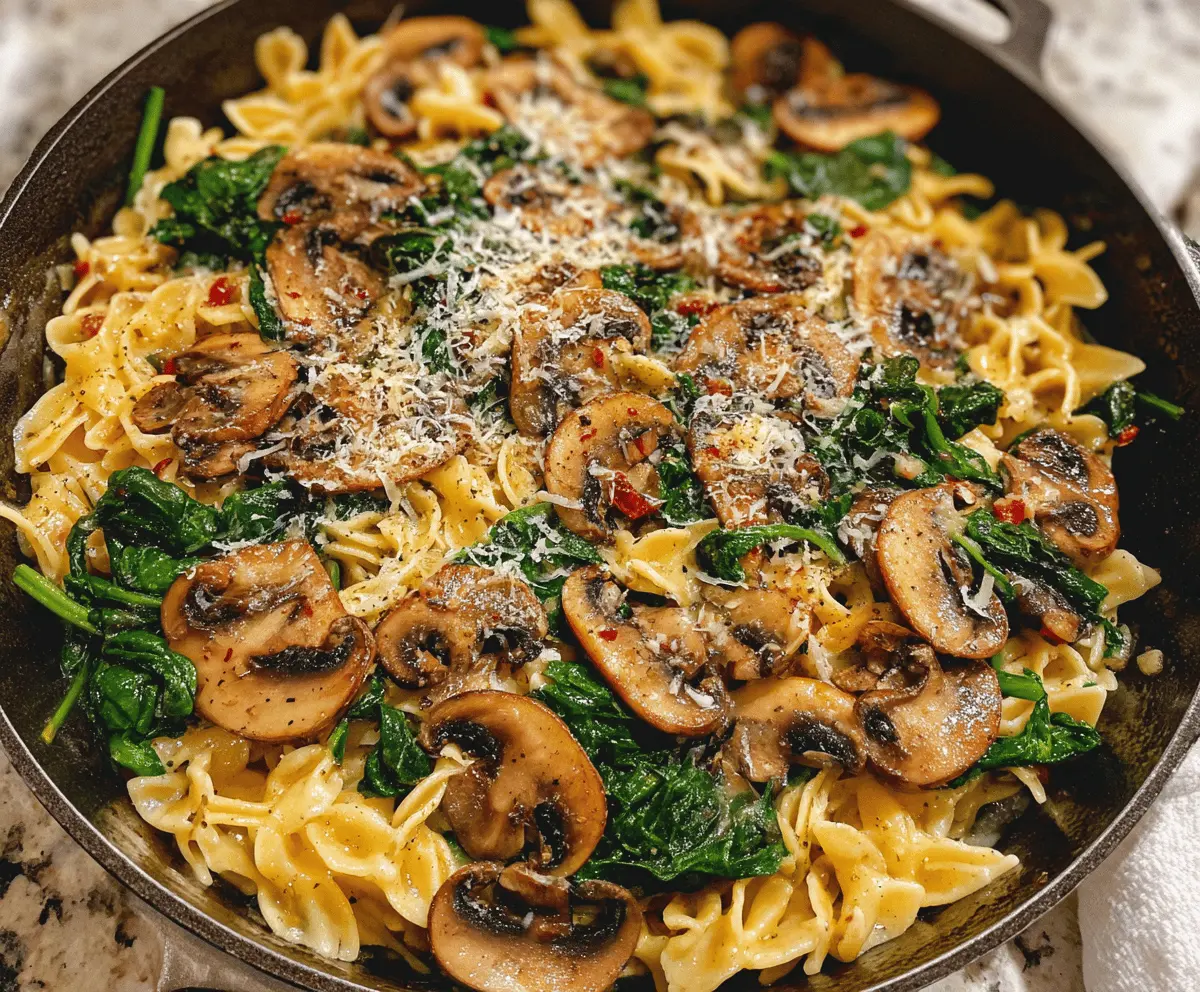 Easy One-Pot Parmesan Spinach Mushroom Pasta Skillet