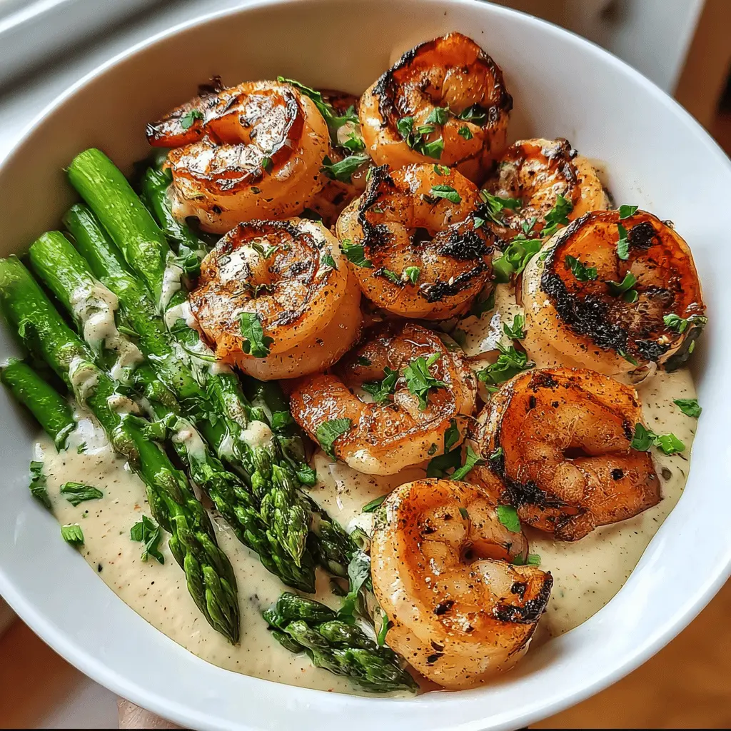 Easy Grilled Shrimp Bowl with Asparagus and Creamy Garlic Sauce