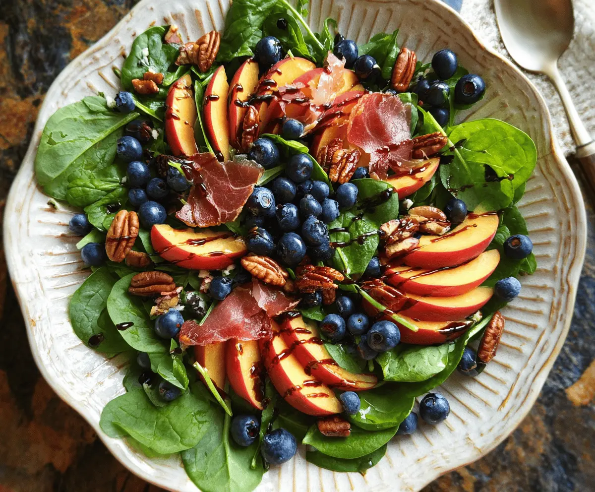 Fresh Peach Blueberry Spinach Salad With Pecans and Prosciutto