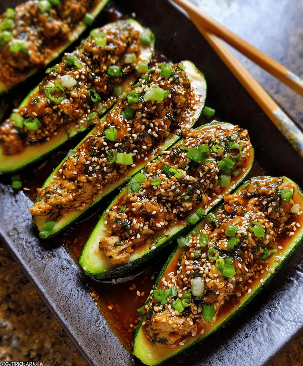 Garlic Sesame Honey Chicken Stuffed Zucchini Boats