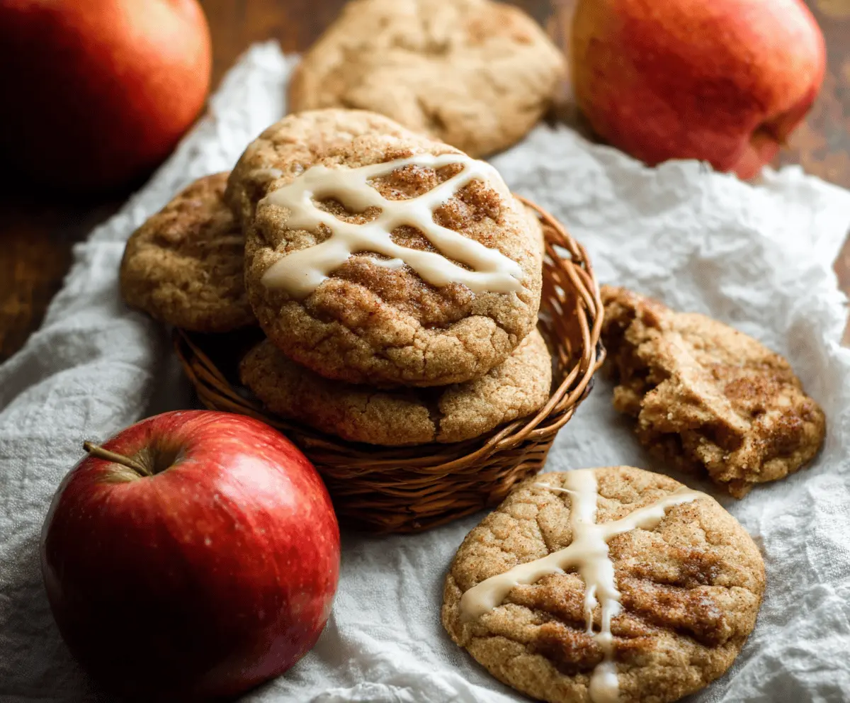 Delicious homemade apple butter cookies with golden-brown edges and a soft, chewy center on a rustic wooden surface.