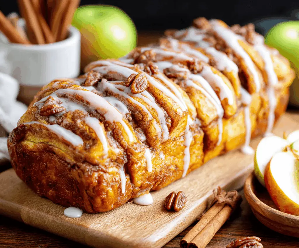 Delicious homemade Apple Cinnamon Pull Apart Bread topped with caramel glaze and cinnamon sugar, perfect for breakfast or dessert.