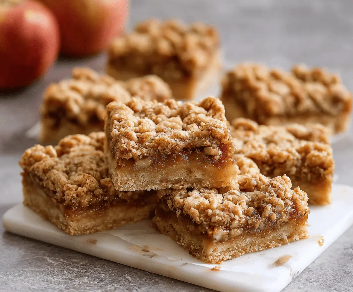 Delicious homemade apple crisp bars with golden crust, tender apple filling, and crunchy cinnamon topping on a baking tray.