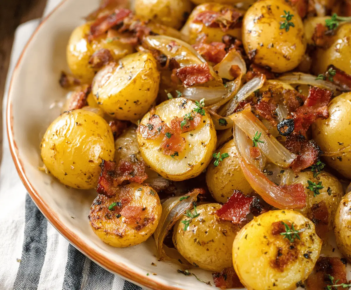 Delicious baby potatoes cooked with caramelized onions and crispy bacon, served as a flavorful side dish