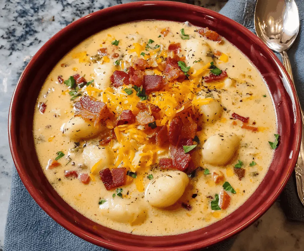 Creamy Bacon Cheddar Gnocchi Soup in a bowl with crispy bacon, melted cheddar, and tender gnocchi, topped with fresh herbs