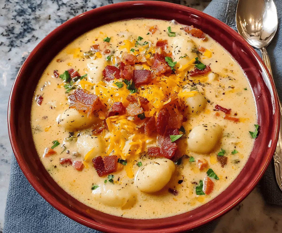 Creamy Bacon Cheddar Gnocchi Soup in a bowl with crispy bacon, melted cheddar, and tender gnocchi, topped with fresh herbs