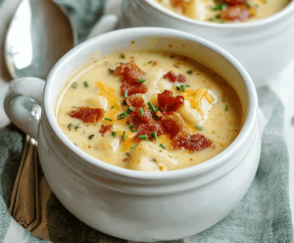 Creamy bacon potato soup garnished with crispy bacon and fresh herbs in a rustic bowl on a wooden table