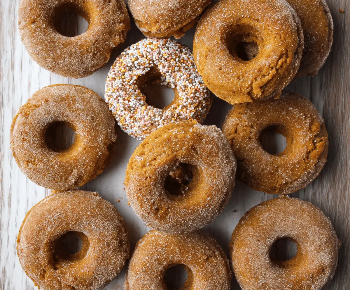 Delicious baked pumpkin spice donuts with a dusting of cinnamon sugar, perfect for fall treats and cozy mornings