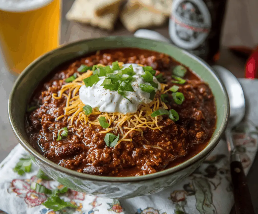Hearty Beer Chili served in a bowl with toppings, featuring seasoned ground meat, beans, and melted cheese, perfect for a comforting meal.