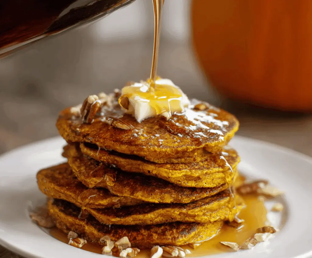 Fluffy blender pumpkin pancakes topped with syrup and whipped cream on a plate for a cozy breakfast.