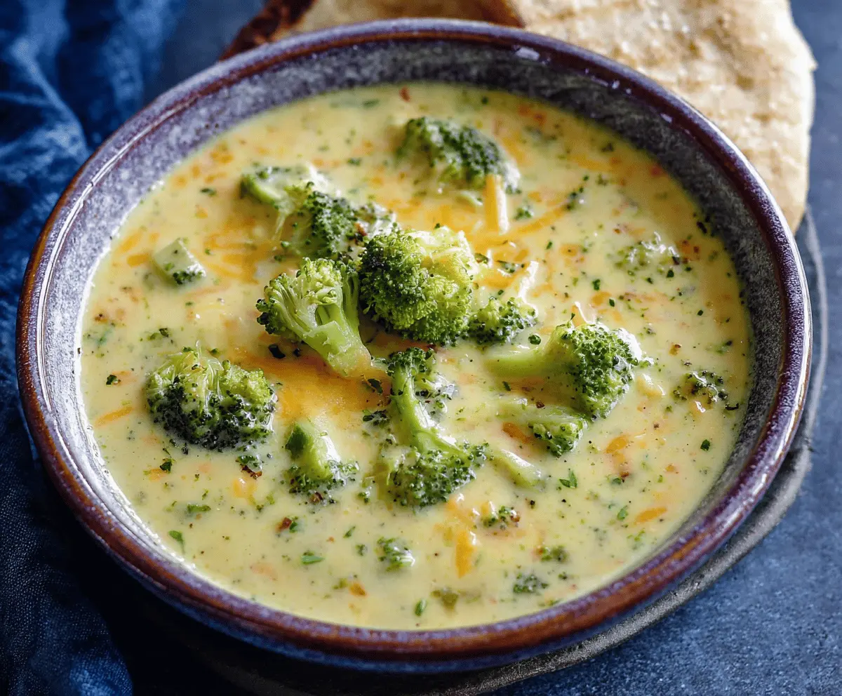Creamy broccoli cheese soup in a bowl topped with shredded cheese and fresh broccoli florets, served with crusty bread on a rustic wooden table.