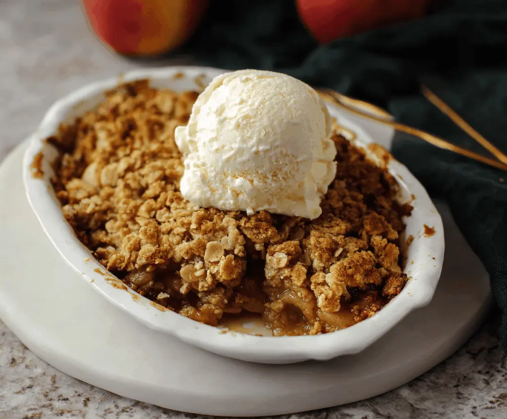 Delicious homemade Brown Butter Apple Crisp topped with golden brown oats and cinnamon, served in a rustic dish with fresh apple slices