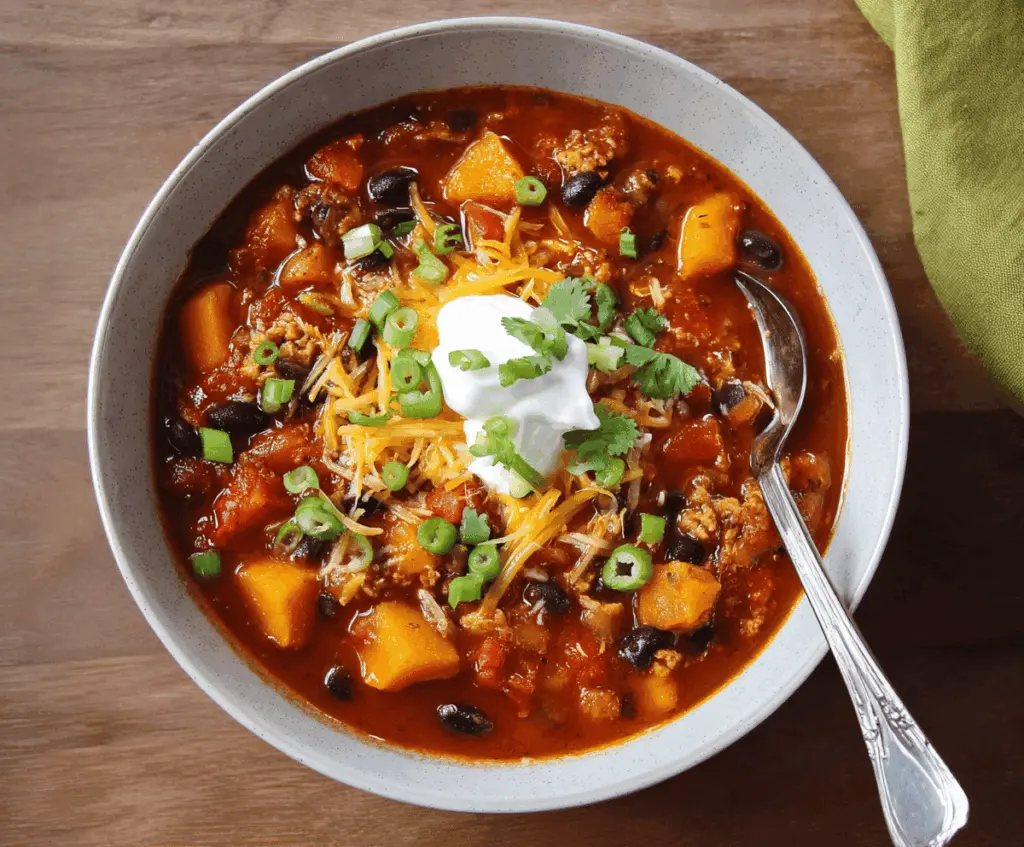 A bowl of hearty butternut squash chili topped with fresh herbs, served with cornbread on the side.