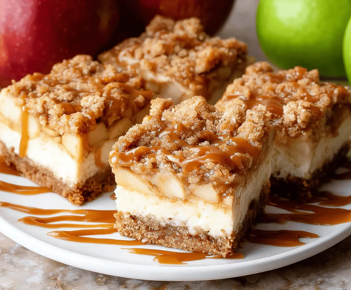 Delicious Caramel Apple Cheesecake Bars with a golden crust, creamy cheesecake layer, topped with caramel sauce and fresh apple slices, perfect for fall desserts.
