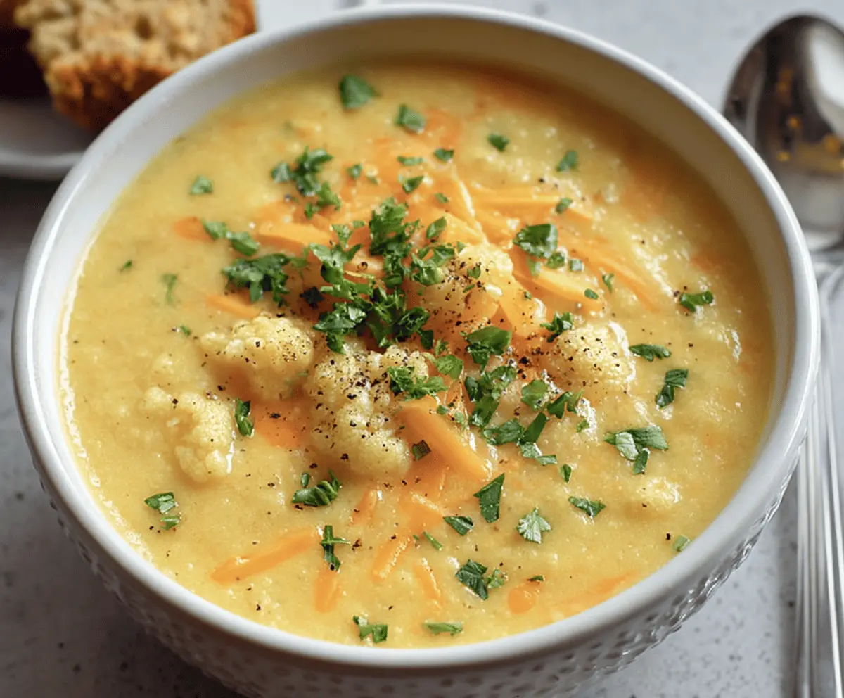 Creamy cheddar cauliflower soup served in a bowl topped with shredded cheese and fresh herbs, perfect for a warm and comforting meal.