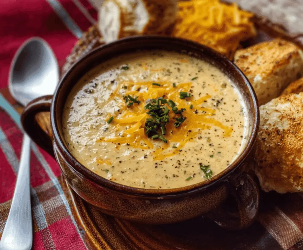 Creamy cheddar garlic herb potato soup served in a bowl with melted cheese, fresh herbs, and crispy bread on the side.