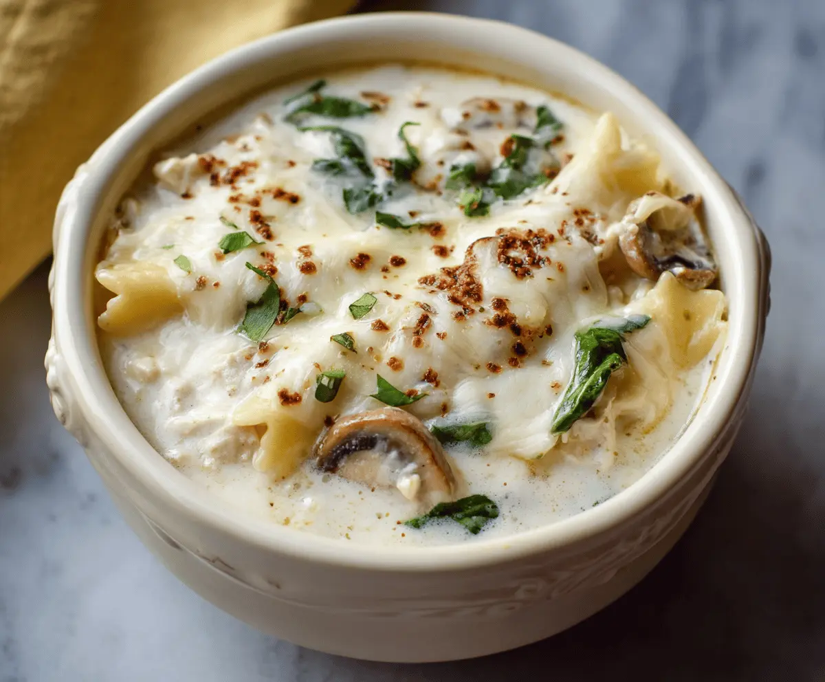 A bowl of Cheesy Alfredo Lasagna Soup topped with melted cheese, fresh herbs, and pasta noodles, served in a white bowl on a wooden table.