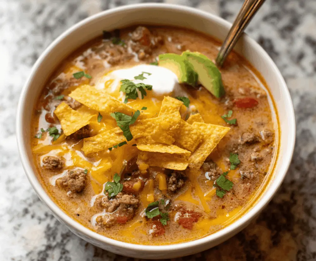 A bowl of Cheesy Ground Beef Taco Soup topped with shredded cheese, fresh cilantro, and diced tomatoes, showcasing a hearty and flavorful Mexican-inspired soup.