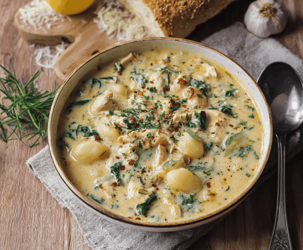 Creamy Chicken Gnocchi Soup with tender chicken, soft gnocchi, fresh vegetables, and herbs in a savory broth.