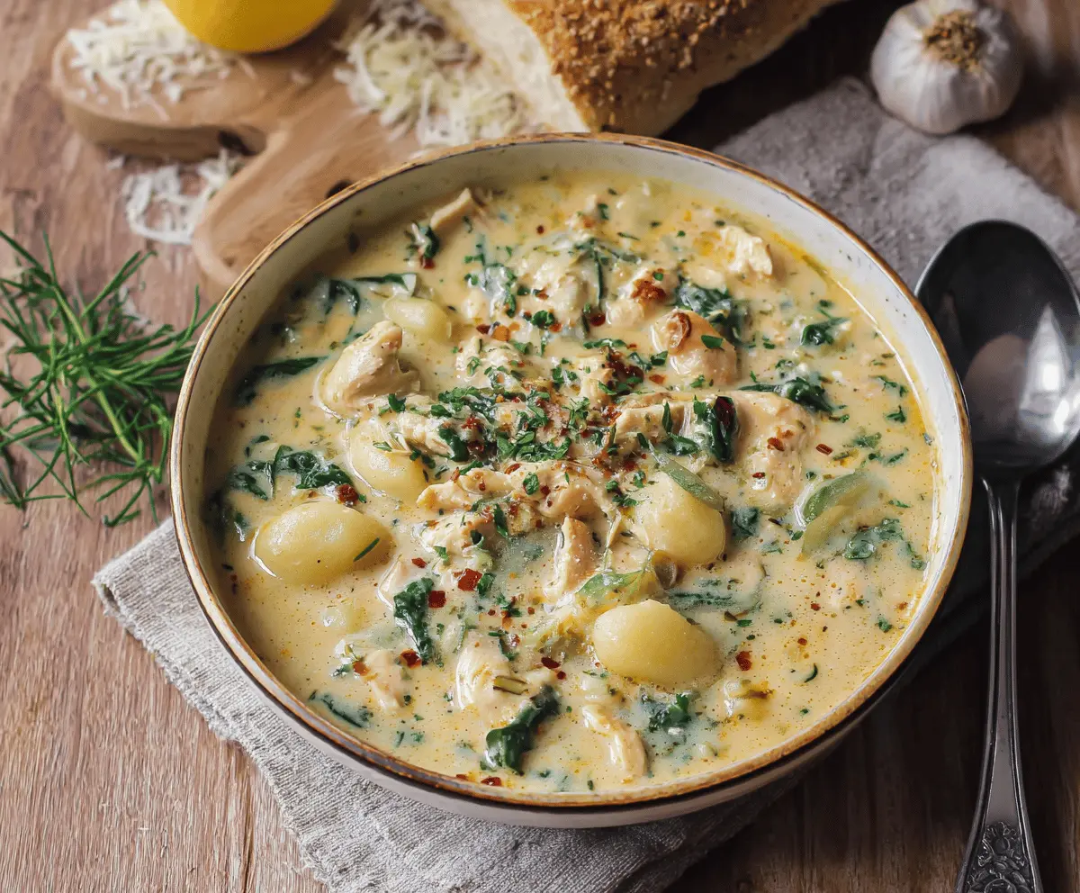 Creamy Chicken Gnocchi Soup with tender chicken, soft gnocchi, fresh vegetables, and herbs in a savory broth.