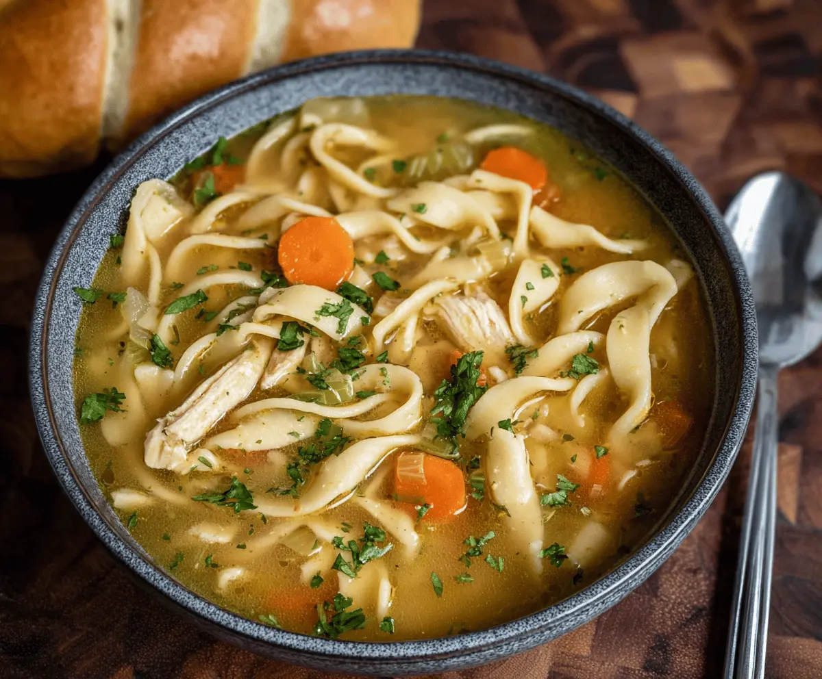 Warm bowl of chicken noodle soup with tender egg noodles, vegetables, and herbs, perfect for comfort and nourishment.