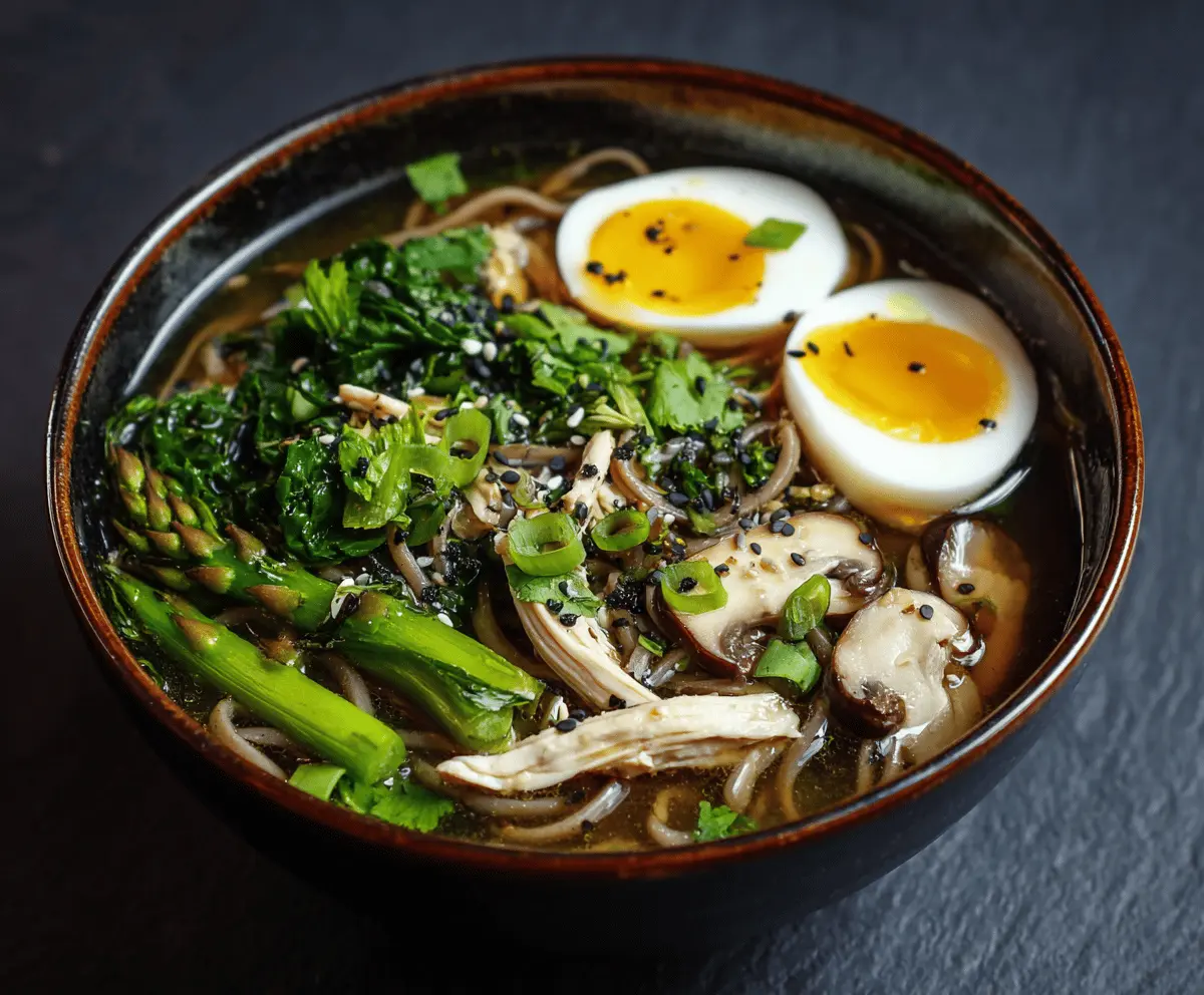 A steaming bowl of Chicken Soba Noodle Soup topped with sliced chicken, green onions, and fresh herbs, served in a white ceramic bowl on a wooden table.