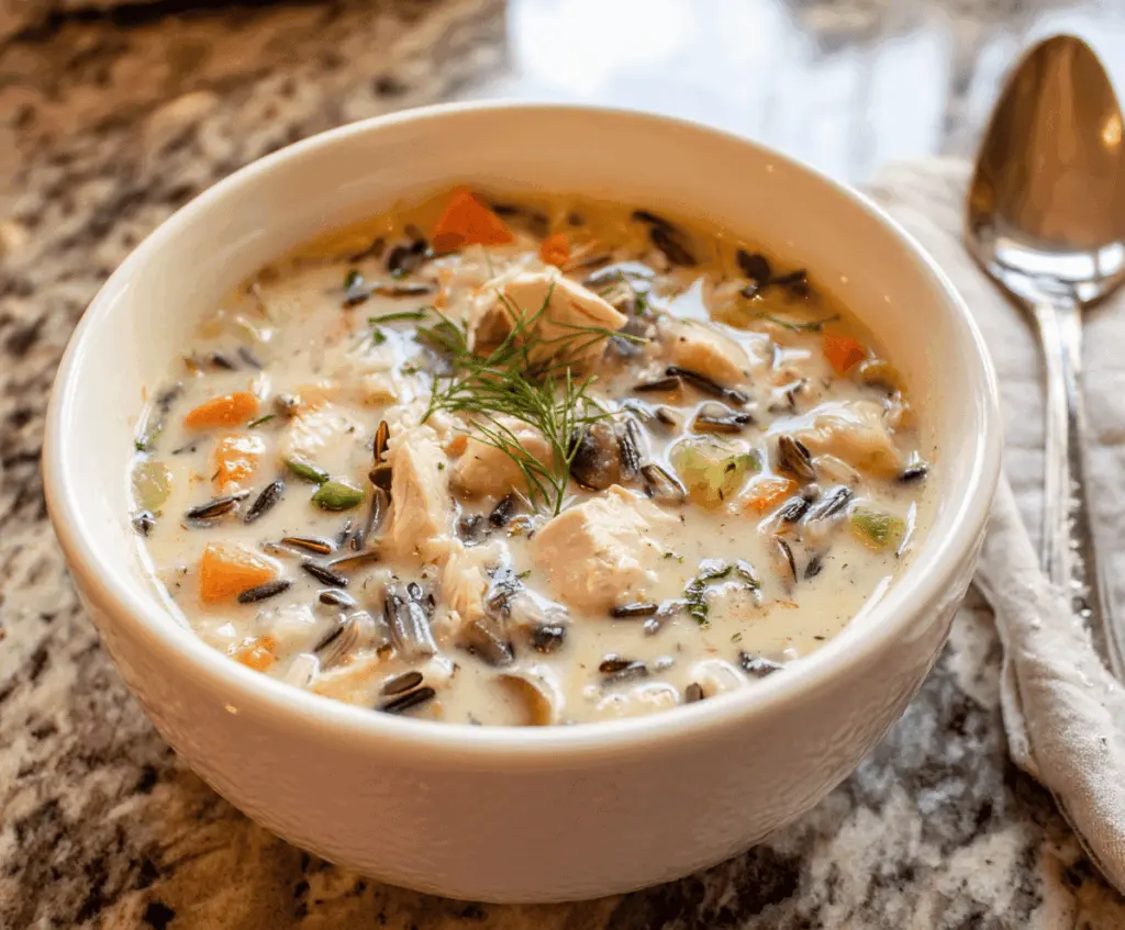 Creamy chicken wild rice soup with tender chicken, wild rice, vegetables, and herbs in a bowl