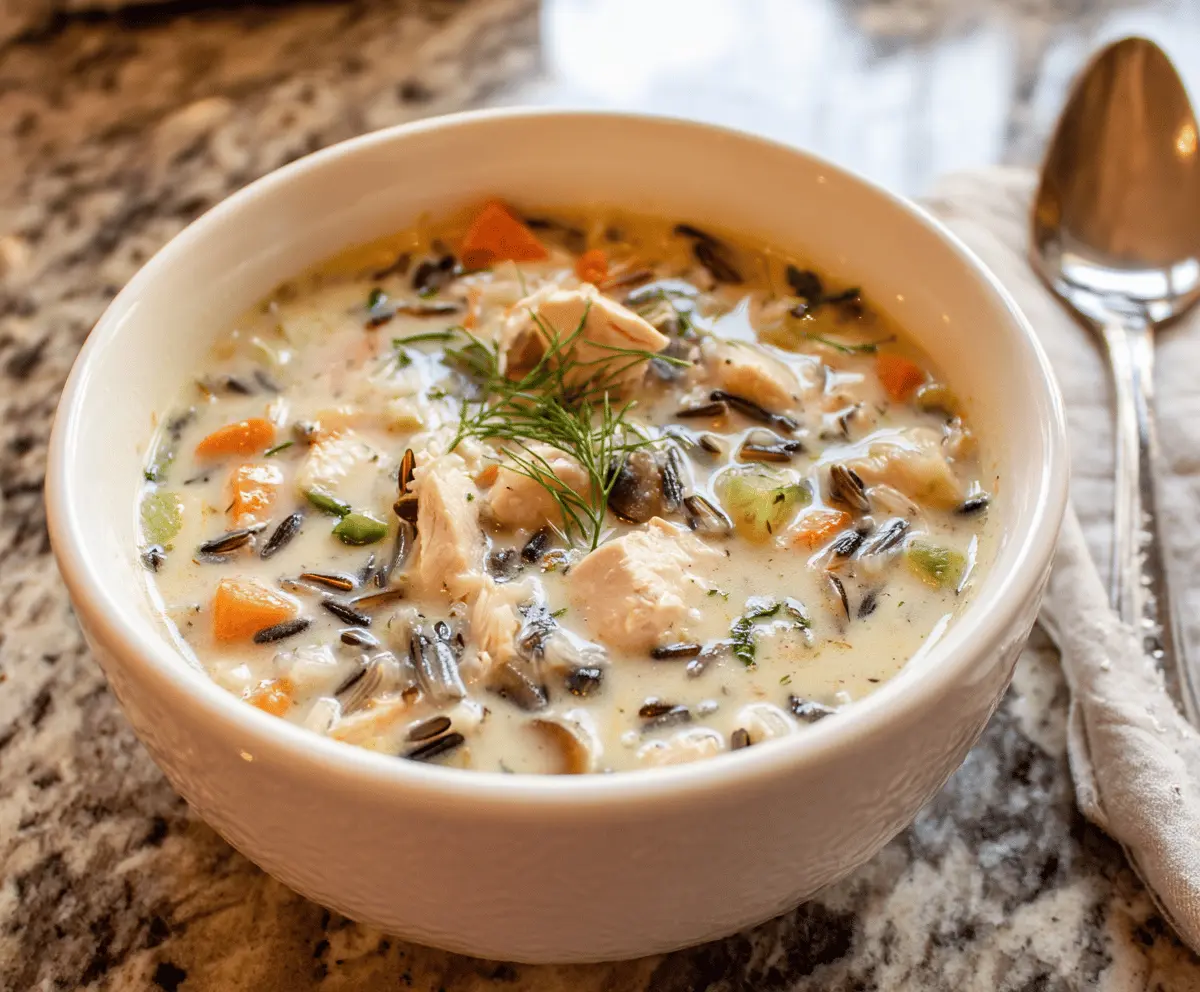 Creamy chicken wild rice soup with tender chicken, wild rice, vegetables, and herbs in a bowl