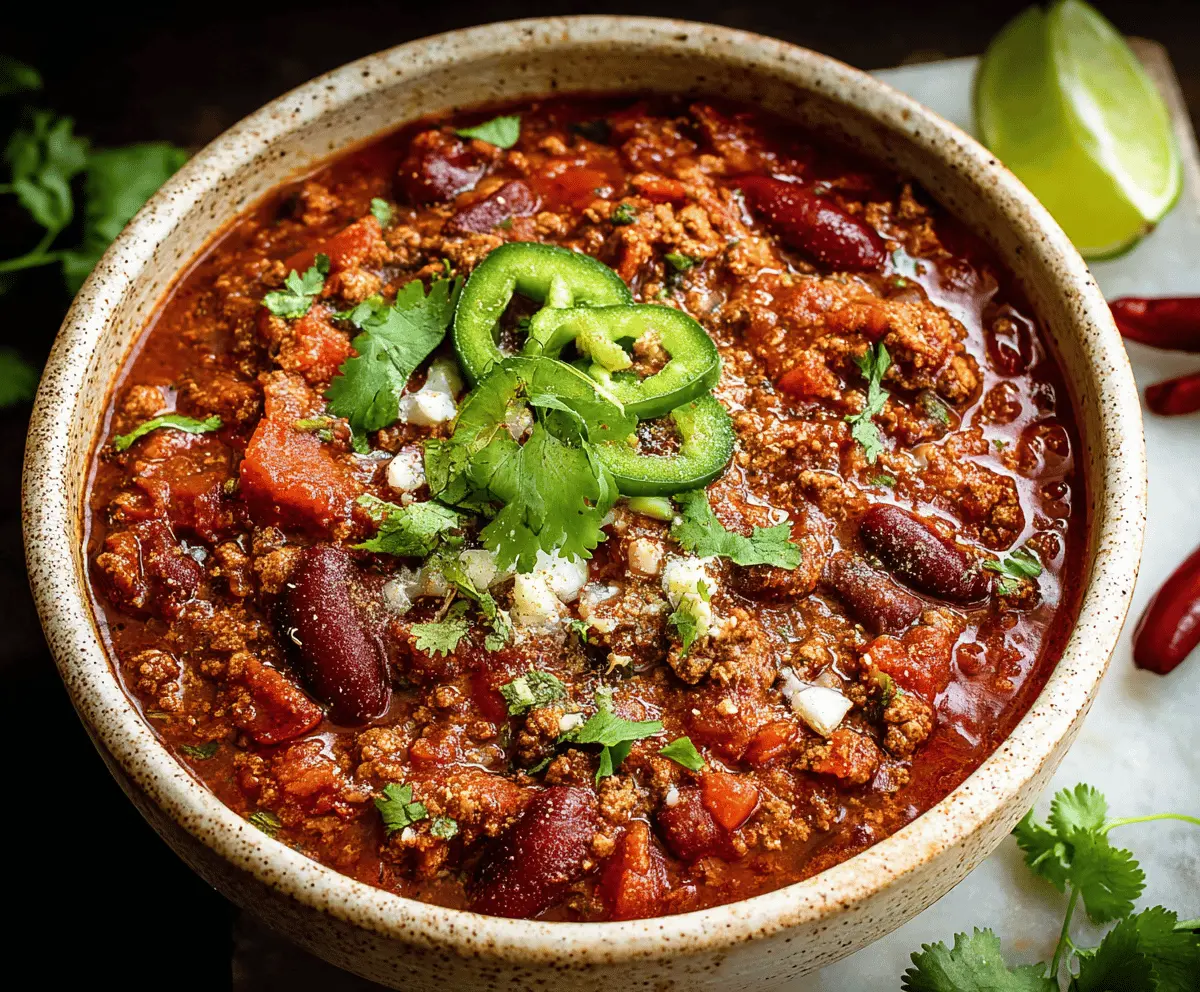 Spicy chipotle chili in a bowl topped with fresh cilantro and served with bread on a rustic wooden table