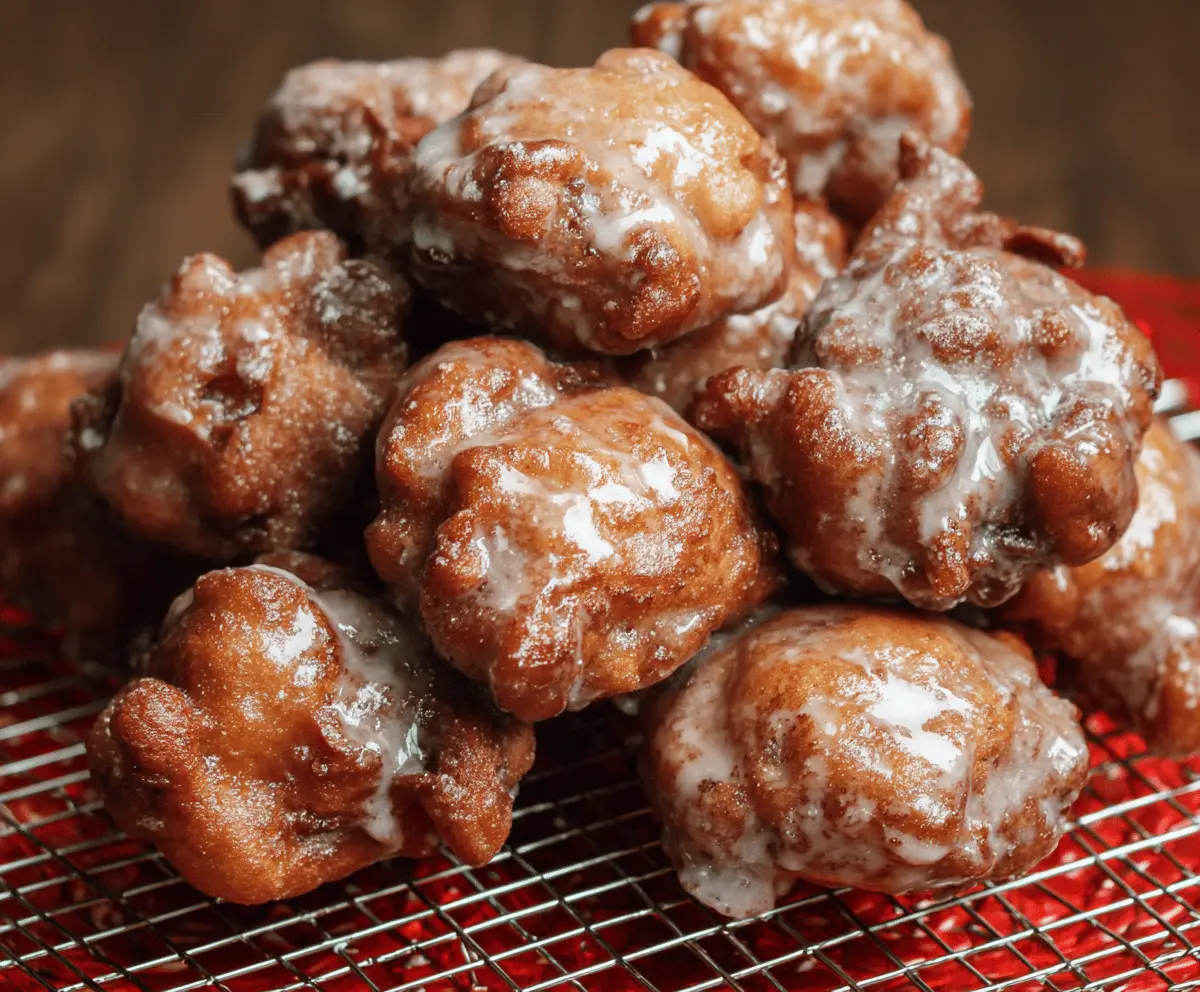 Golden cinnamon apple fritters topped with powdered sugar on a rustic plate, ready to enjoy
