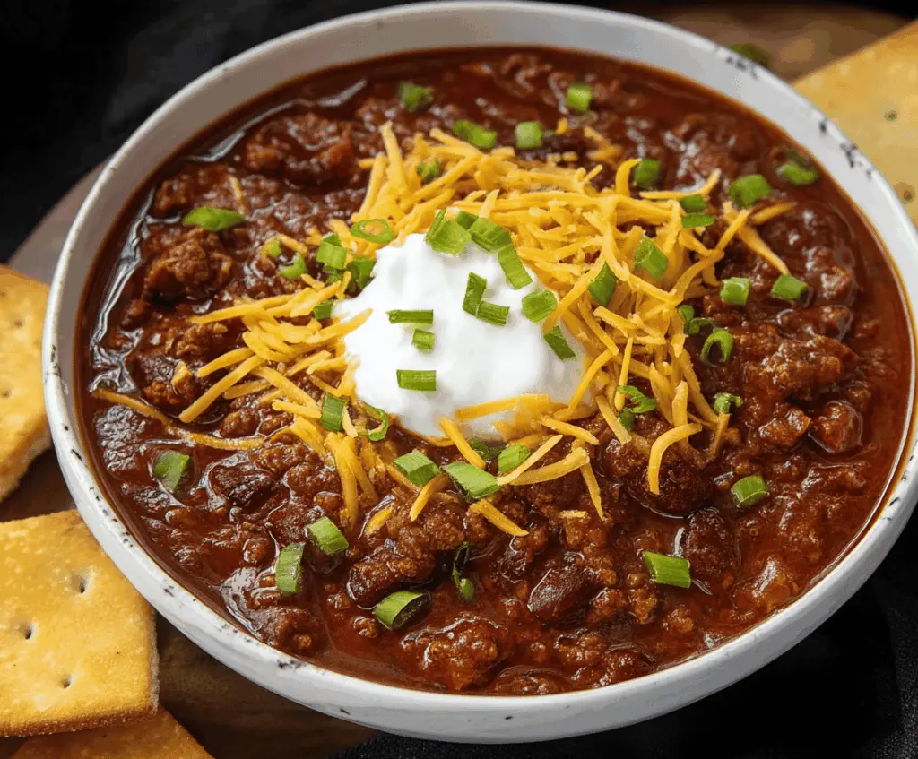 Delicious bowl of classic chili featuring ground beef, beans, tomatoes, and spices served in a rustic bowl with fresh cilantro and chopped onions on a wooden table.