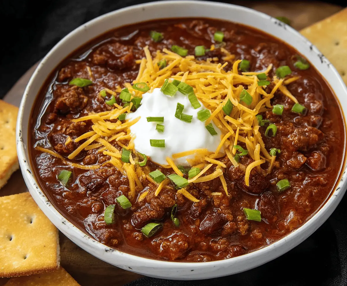 Delicious bowl of classic chili featuring ground beef, beans, tomatoes, and spices served in a rustic bowl with fresh cilantro and chopped onions on a wooden table.