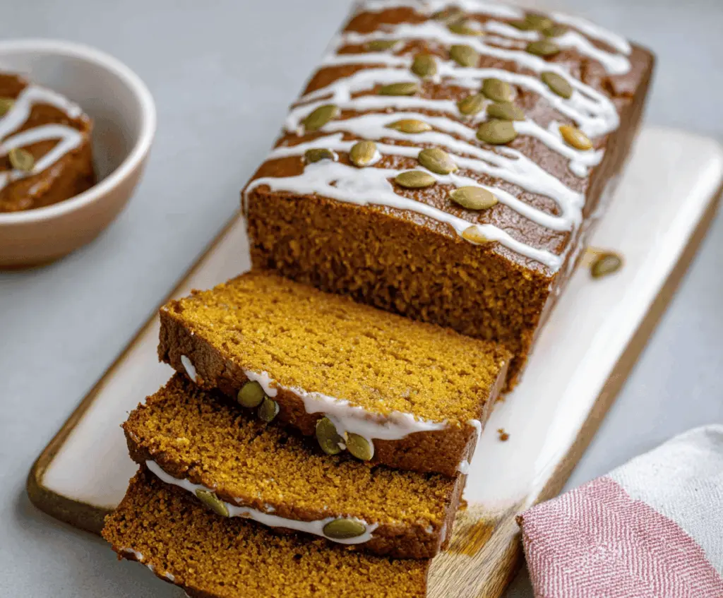 Delicious homemade copycat Starbucks pumpkin bread topped with walnuts and a drizzle of glaze, perfect for fall-inspired baking