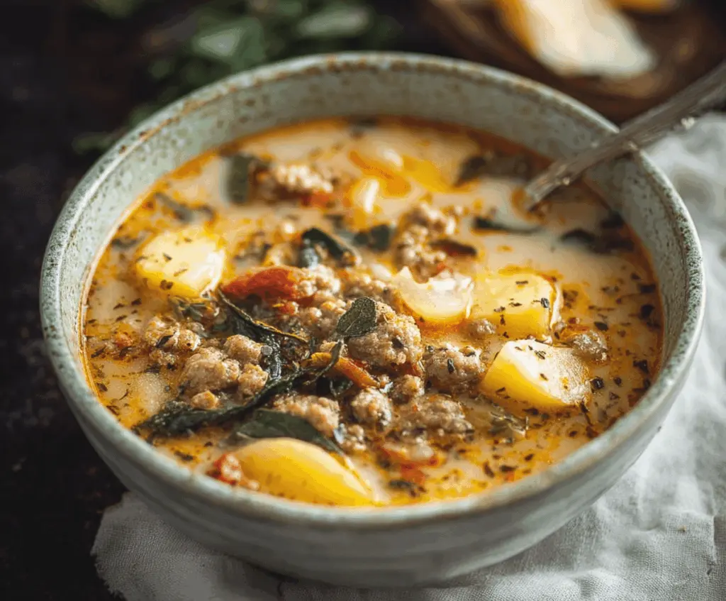 A steaming bowl of Cozy Italian Sausage and Potato Soup topped with fresh herbs and grated cheese, served with crusty bread on the side.