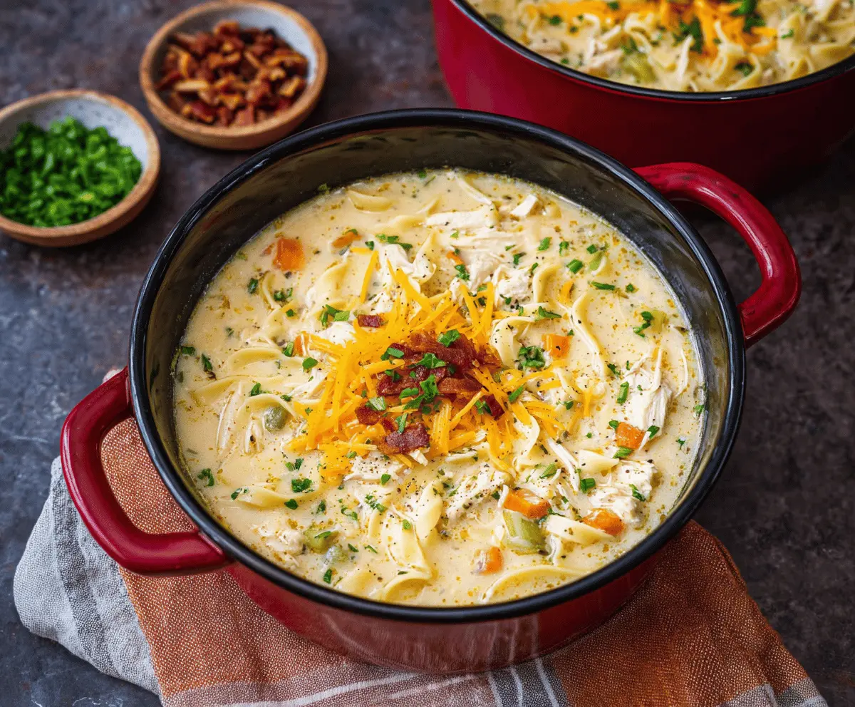 Creamy Crack Chicken Noodle Soup with tender chicken, egg noodles, and fresh herbs in a comforting broth