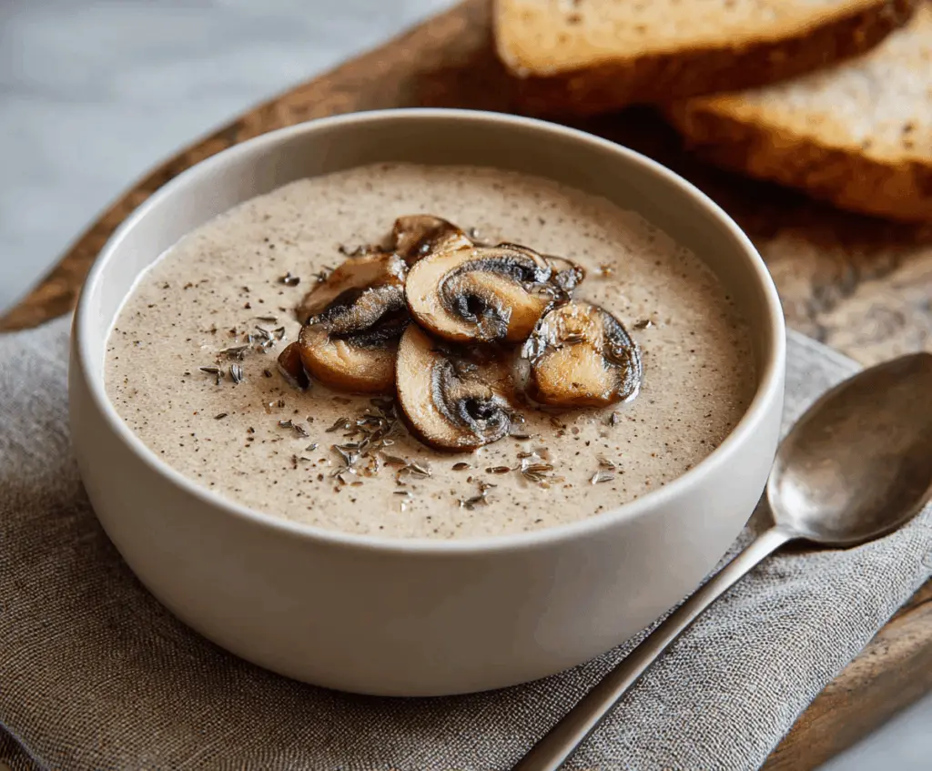 Cream of mushroom soup in a bowl garnished with fresh herbs, served with a spoon on a rustic wooden table.