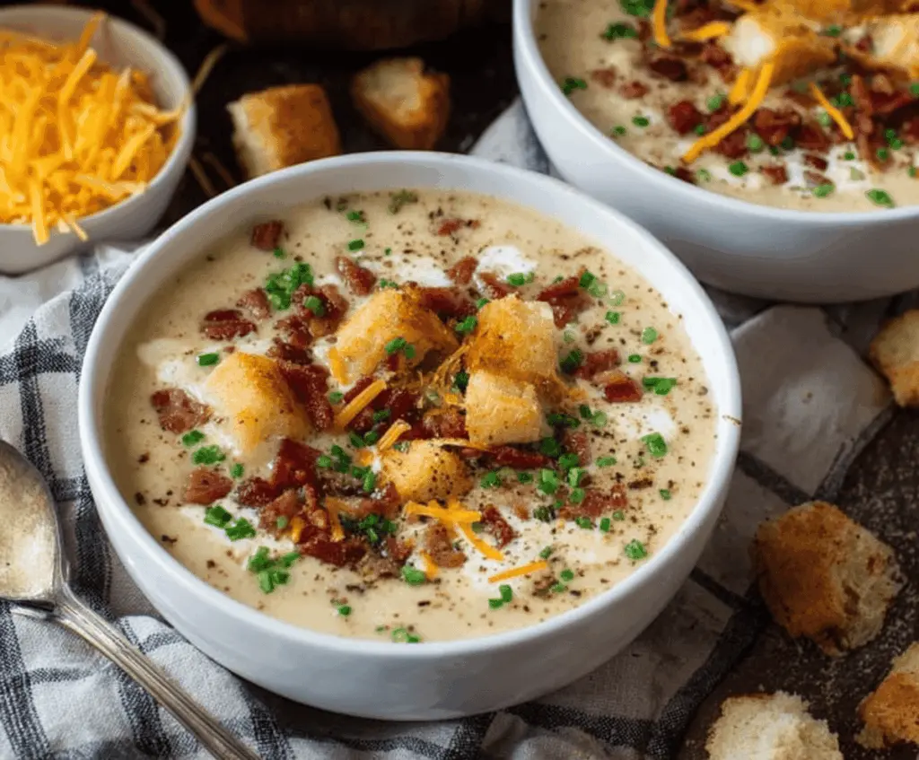 Creamy Bacon Potato Soup in a bowl topped with crispy bacon and fresh herbs, served with a spoon, perfect for a comforting meal.