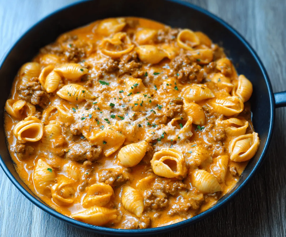 Creamy beef and pasta shells served in a white bowl, garnished with fresh herbs, featuring a rich, cheesy sauce perfect for a hearty, comforting meal.