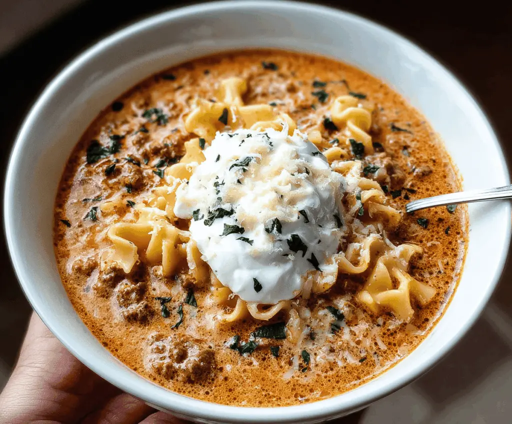 Creamy Instant Pot Lasagna Soup in a bowl garnished with fresh basil and melted cheese, served with bread on the side
