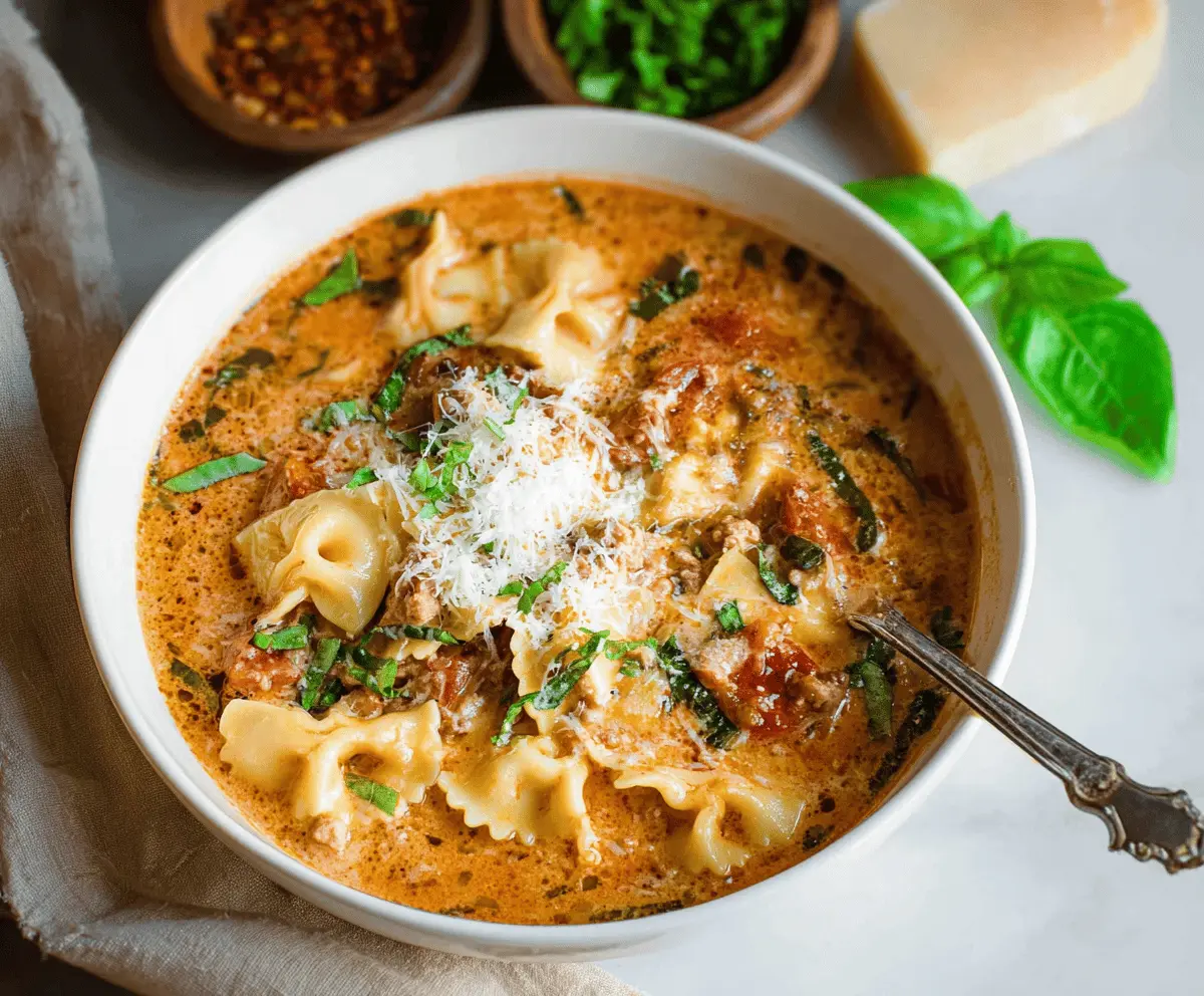 A steaming bowl of creamy lasagna soup garnished with fresh basil and melted cheese, showcasing layers of rich tomato broth, pasta, and melted cheese for a comforting Italian-inspired meal.