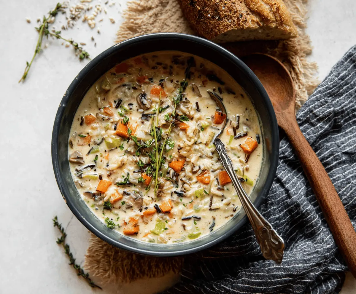 A bowl of creamy wild rice soup garnished with fresh herbs and served with crusty bread on a rustic wooden table.