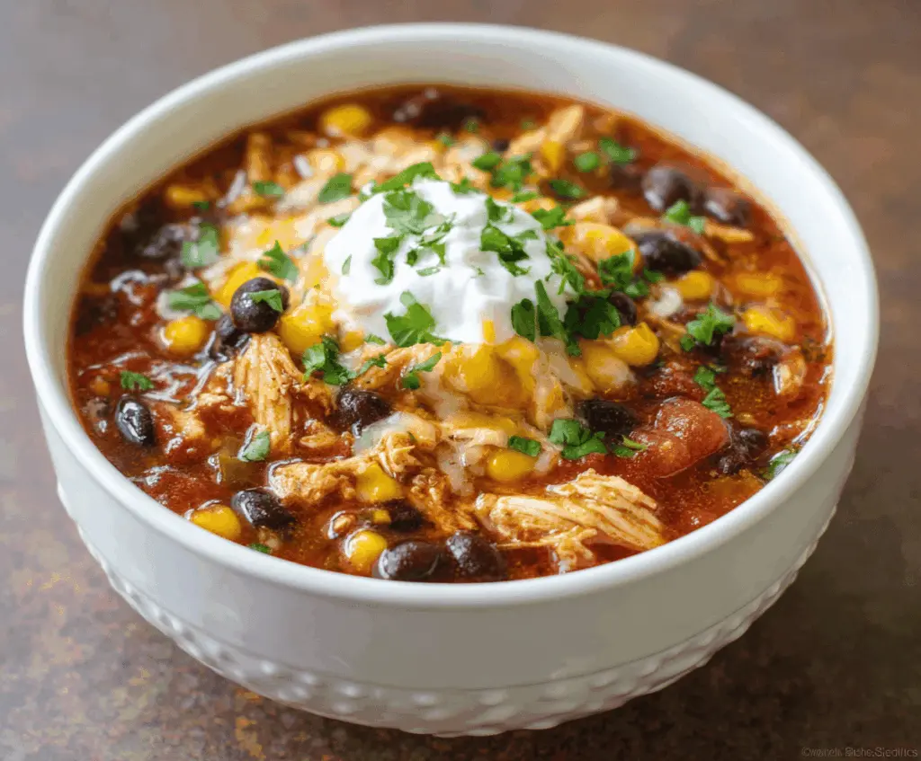 Delicious Crockpot Chicken Taco Soup in a bowl with shredded chicken, beans, corn, and taco seasonings garnished with fresh cilantro