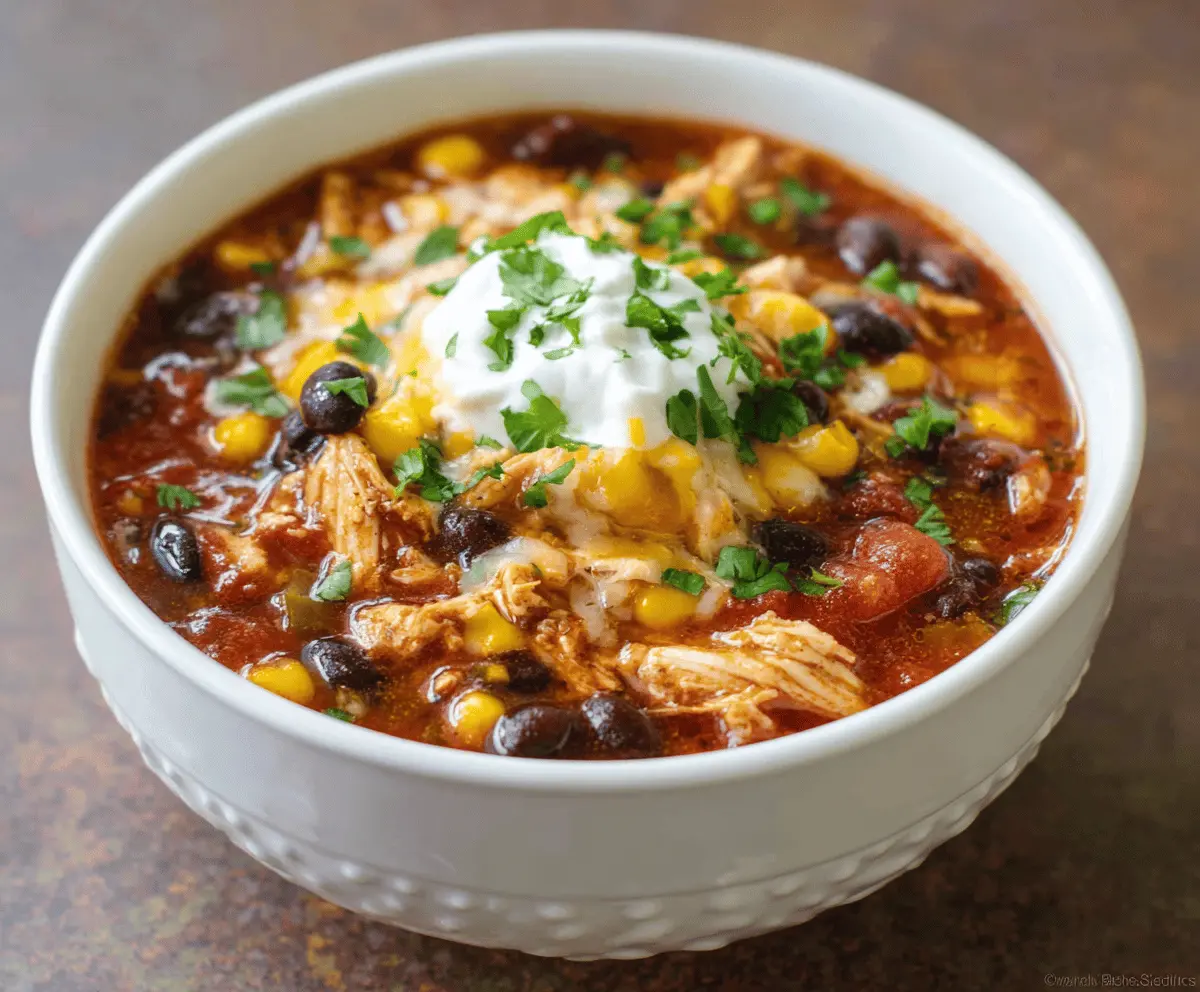 Delicious Crockpot Chicken Taco Soup in a bowl with shredded chicken, beans, corn, and taco seasonings garnished with fresh cilantro